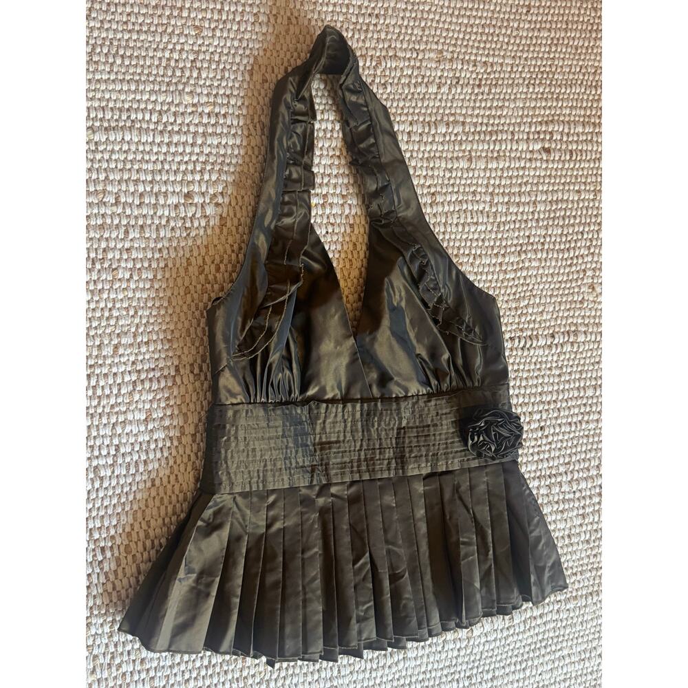 Bebe Y2K Halter Top Shiny Olive Satin Pleated Peplum Rosette Ruffle Coquette S - Picture 3 of 7